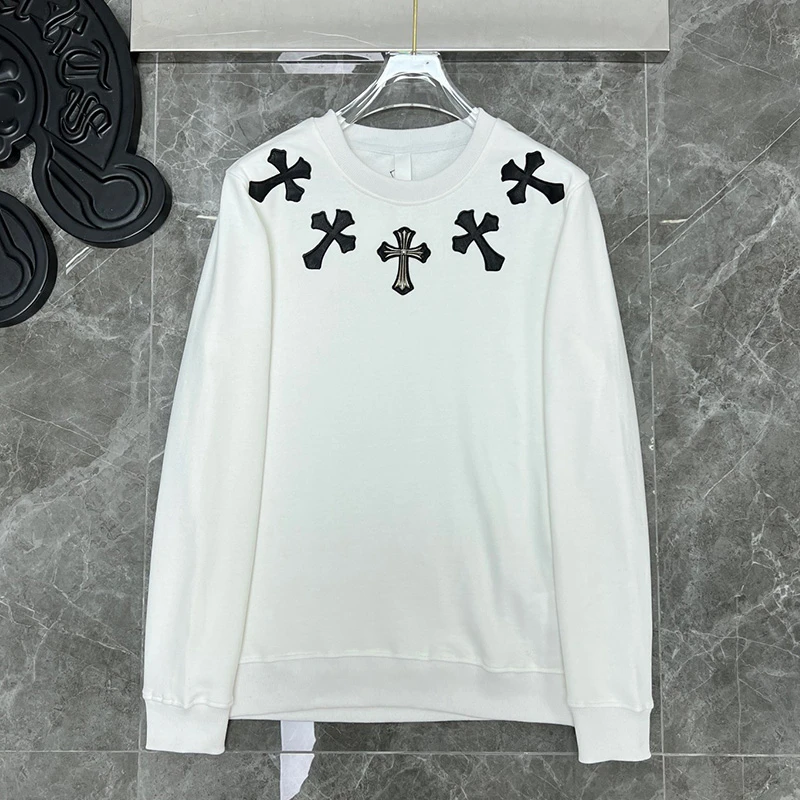 秋季潮牌2025质感拼皮十字架圆领卫衣男士时尚长袖 T 恤男生打底
