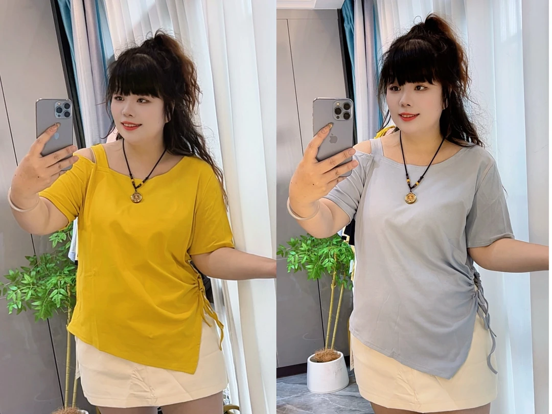 35302 夏季爆款女时尚露肩镂空抽绳不规则短袖T恤