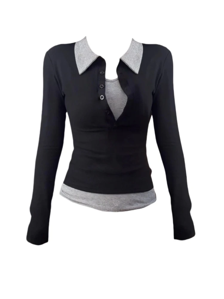 【Amy家】微胖mm纯欲辣妹假两件POLO领长袖T恤女设计感拼接显瘦上衣