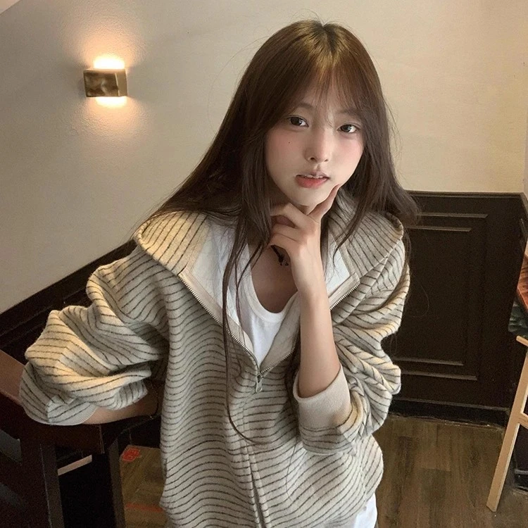 美式复古条纹连帽卫衣女2025秋冬新款设计感小众宽松开衫拉链外套