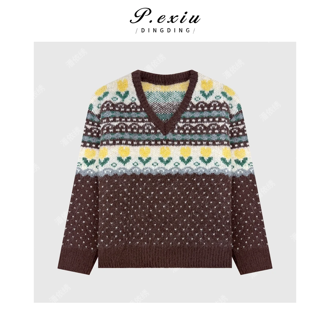 复古费尔岛提花慵懒风软糯V领长袖针织上衣Q18972