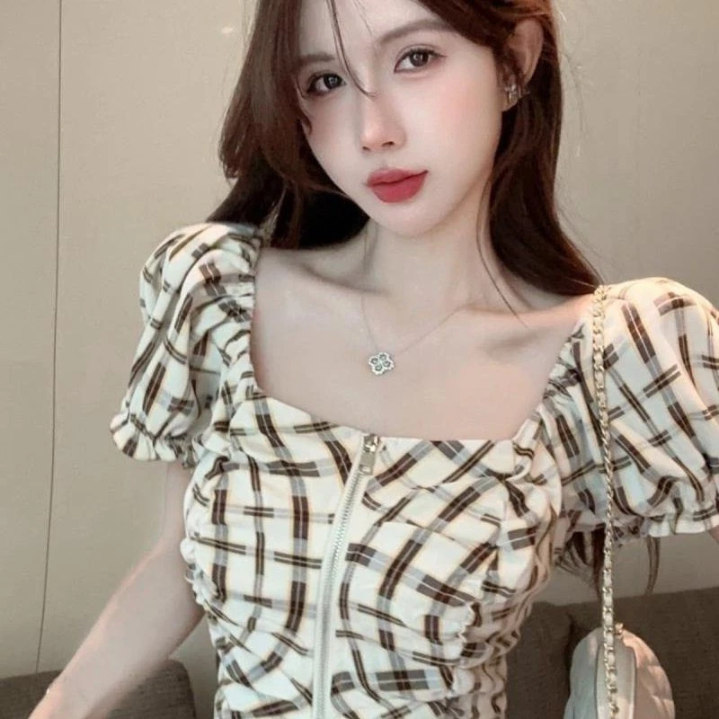 格子2025短款复古短袖衬衫衬衣时尚女装夏季修身薄款显瘦新款小