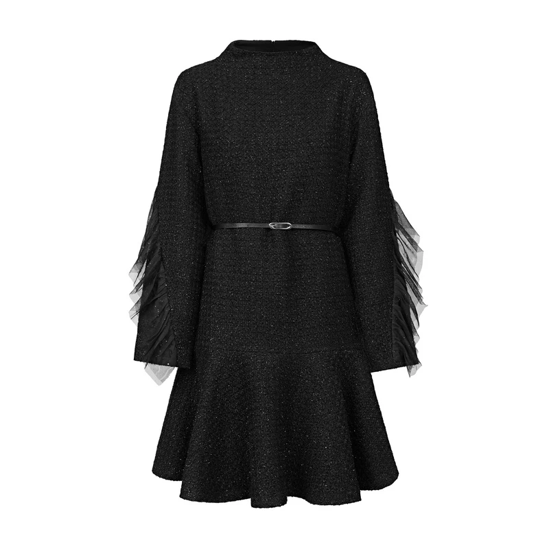 MAOKAI女装休闲圆领网纱毛呢连衣裙M224Z1262