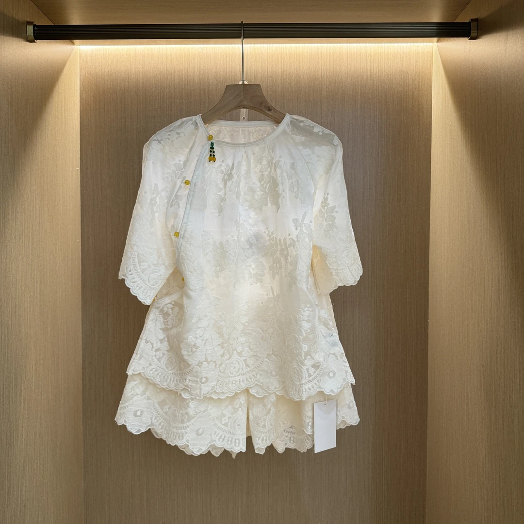 2025夏季中式国风复古莱赛尔天丝重工刺绣提花上衣短袖套装女826#