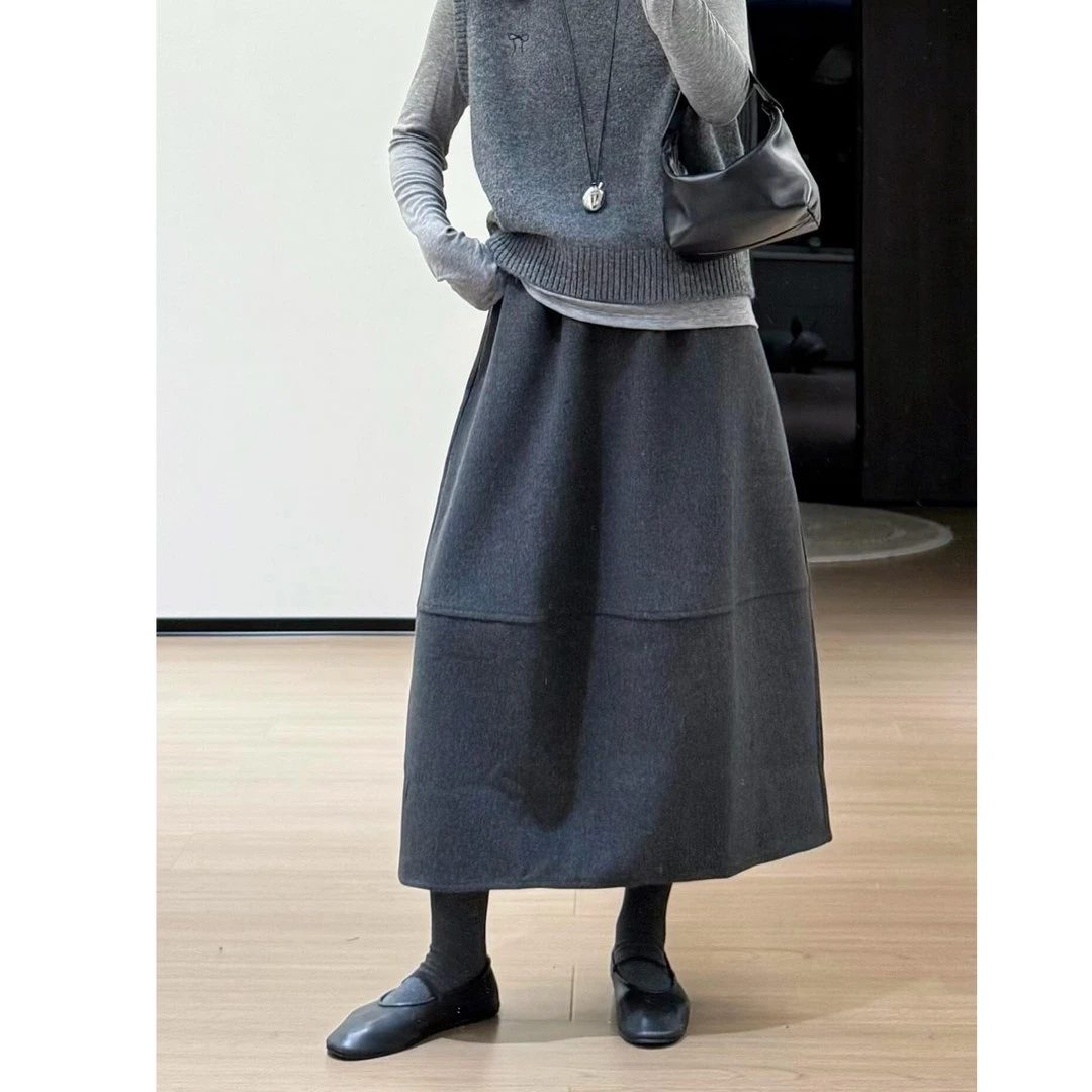 冬季韩系灰色毛呢显瘦遮肚子半身裙女大码梨型身材高腰遮胯花苞裙