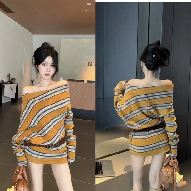 （浠儿家）纯欲风一字肩条纹撞色长袖针织衫上衣女配腰带