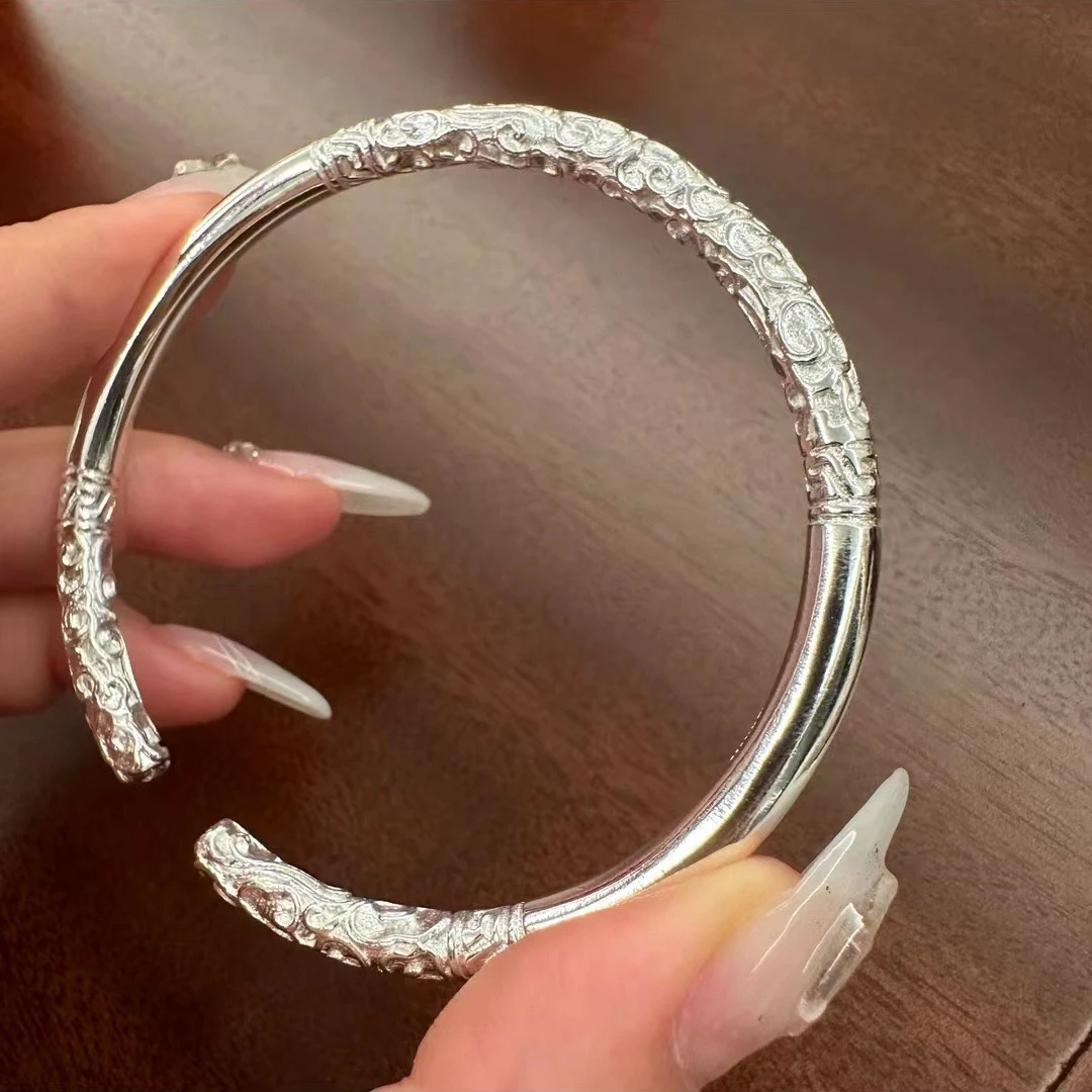 足银手镯 【19号】足银999.9金箍棒卷草纹开口手镯传承经典复古