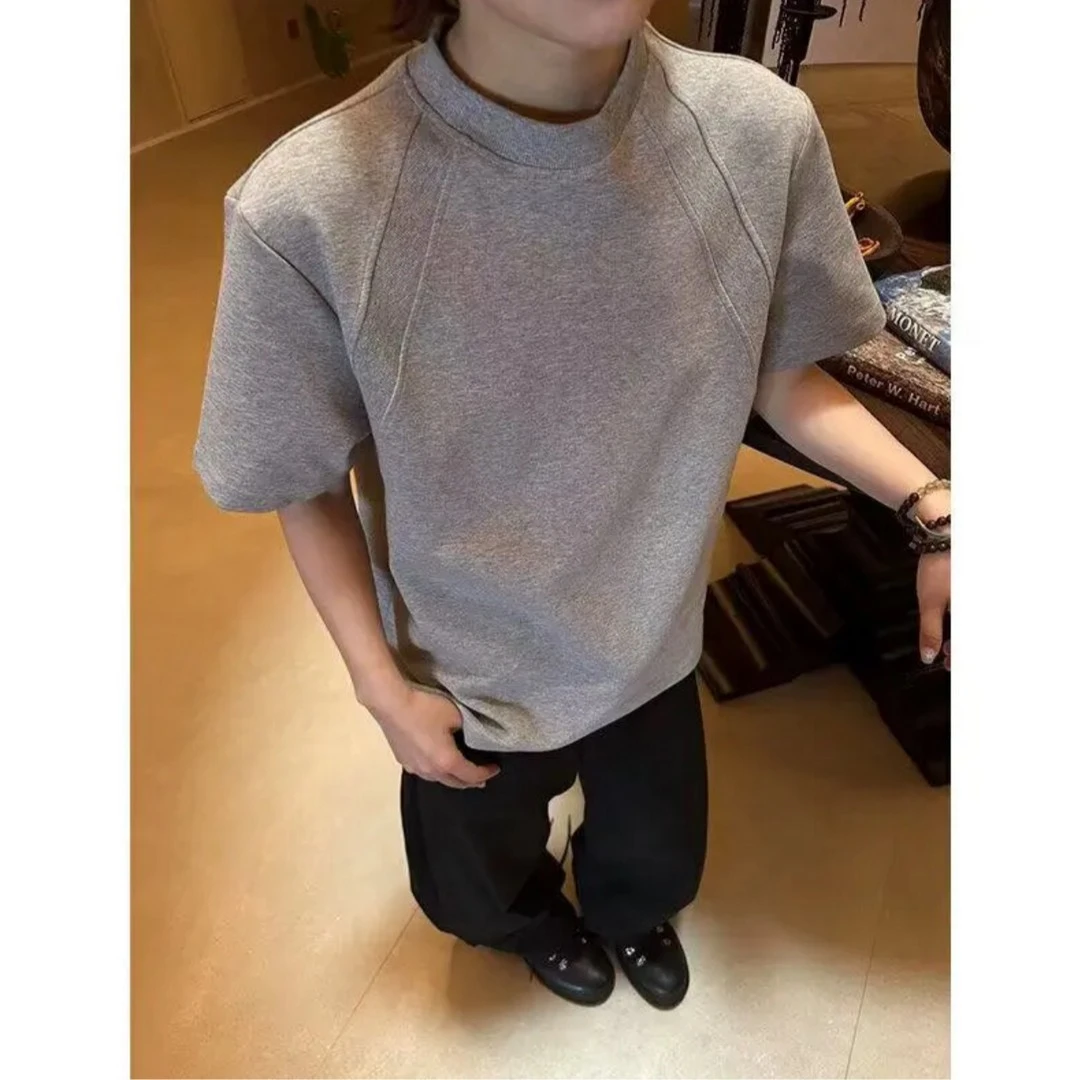 澳产氨纶太空棉拼接短袖T恤空气层抗皱boxy短宽硬挺重磅男女夏季