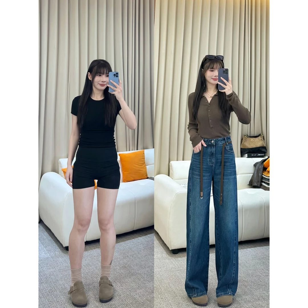 【颜颜牛仔】怀旧蓝设计师款修容设计高腰阔腿显瘦牛仔裤女-Y041