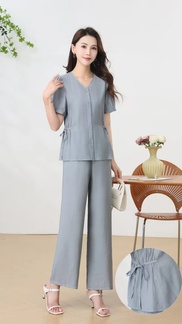 【F3532】薄款套装2025新款短袖上衣+女装阔腿裤两件套