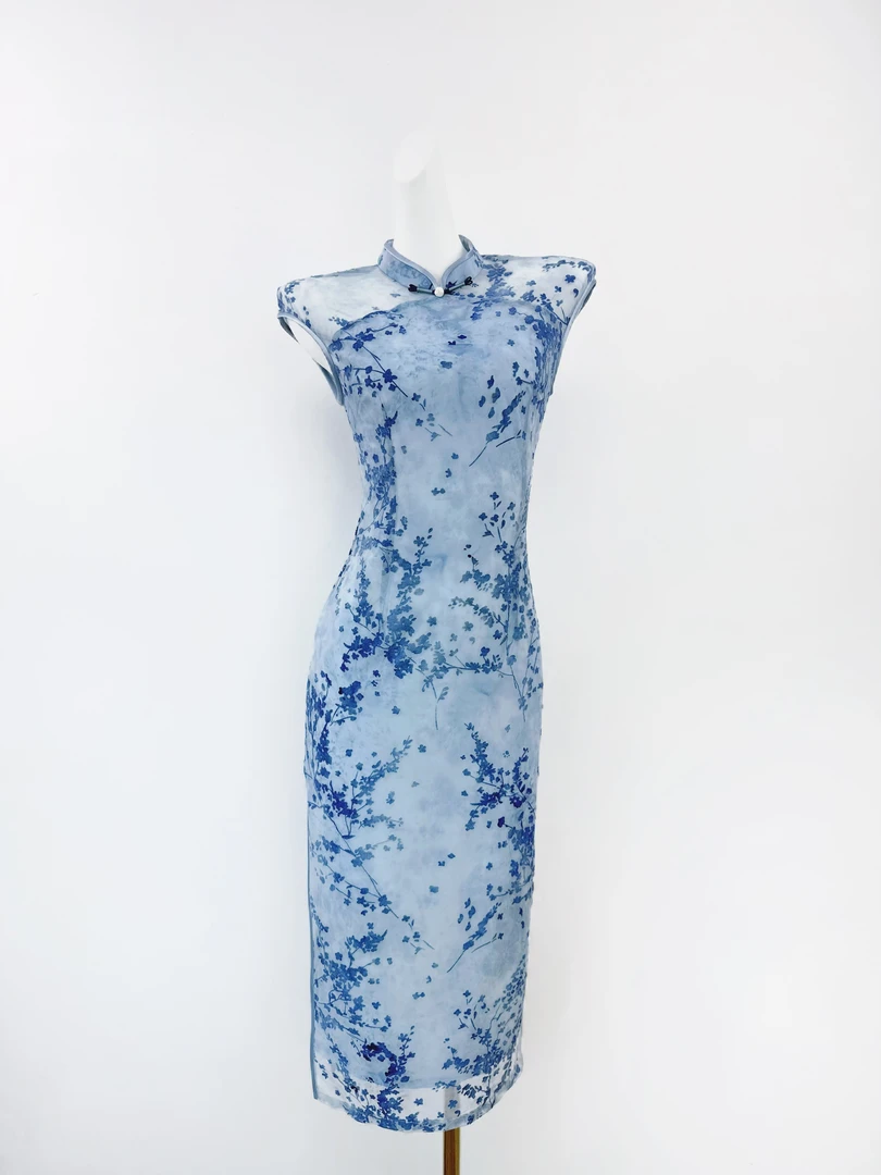 【叁小姐原创】【烟雨】裙长118显瘦气质蓝色时尚新中式复古改良旗袍