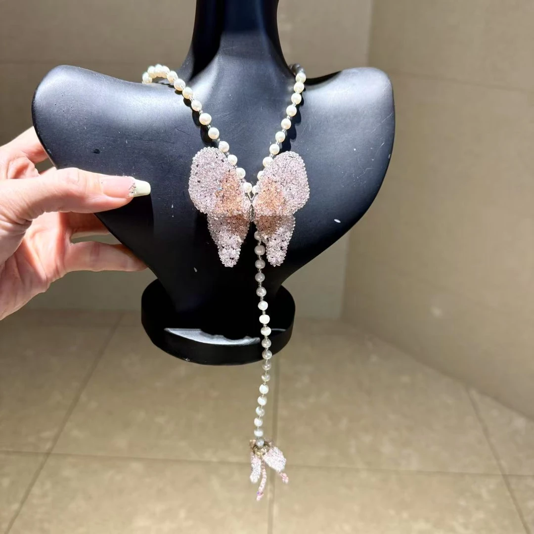 【莫奈海之星】粉单微丝蝴蝶珍珠项链设计轻奢日常款