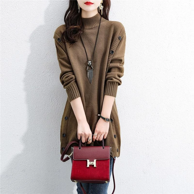 冬季新款韩版半高领套头羊毛针织打底衫连衣裙时尚宽松加厚毛衣裙