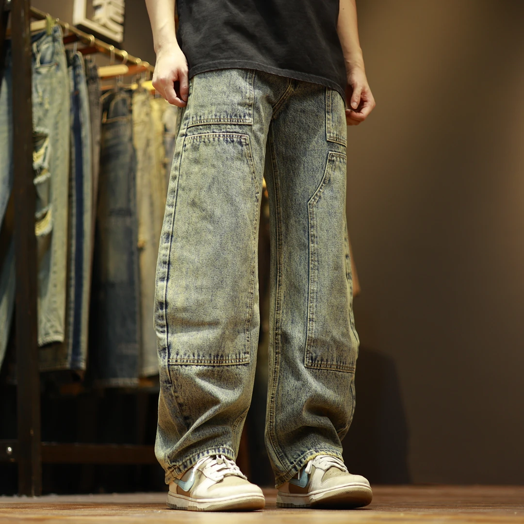 505水洗复古潮流个性贴布宽松休闲男士弯刀牛仔裤