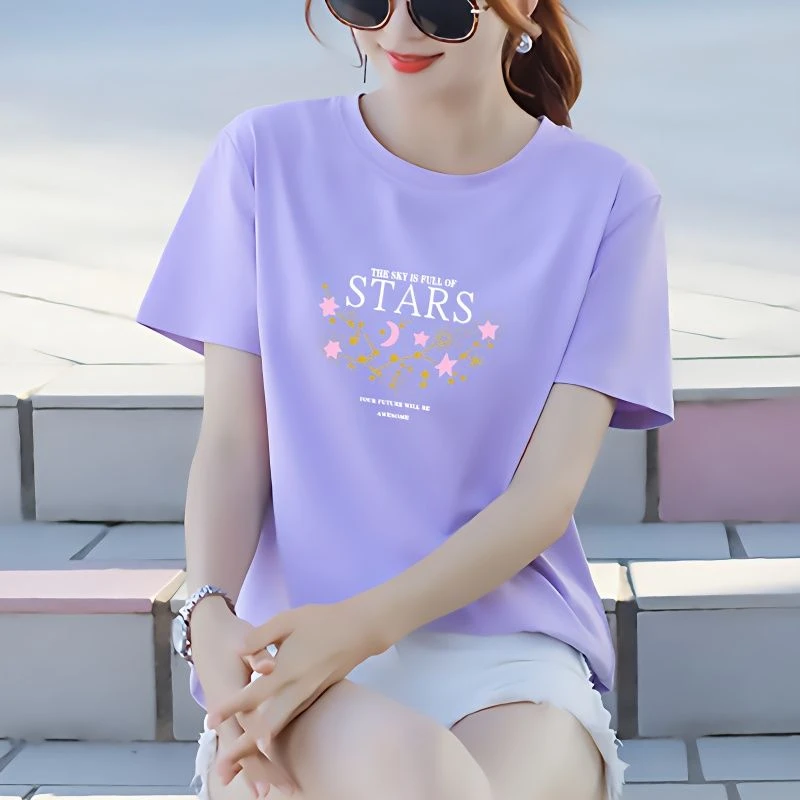 ins短袖宽松女士短袖t恤洋气休闲印花百搭显瘦简约夏季冰瓷棉半袖