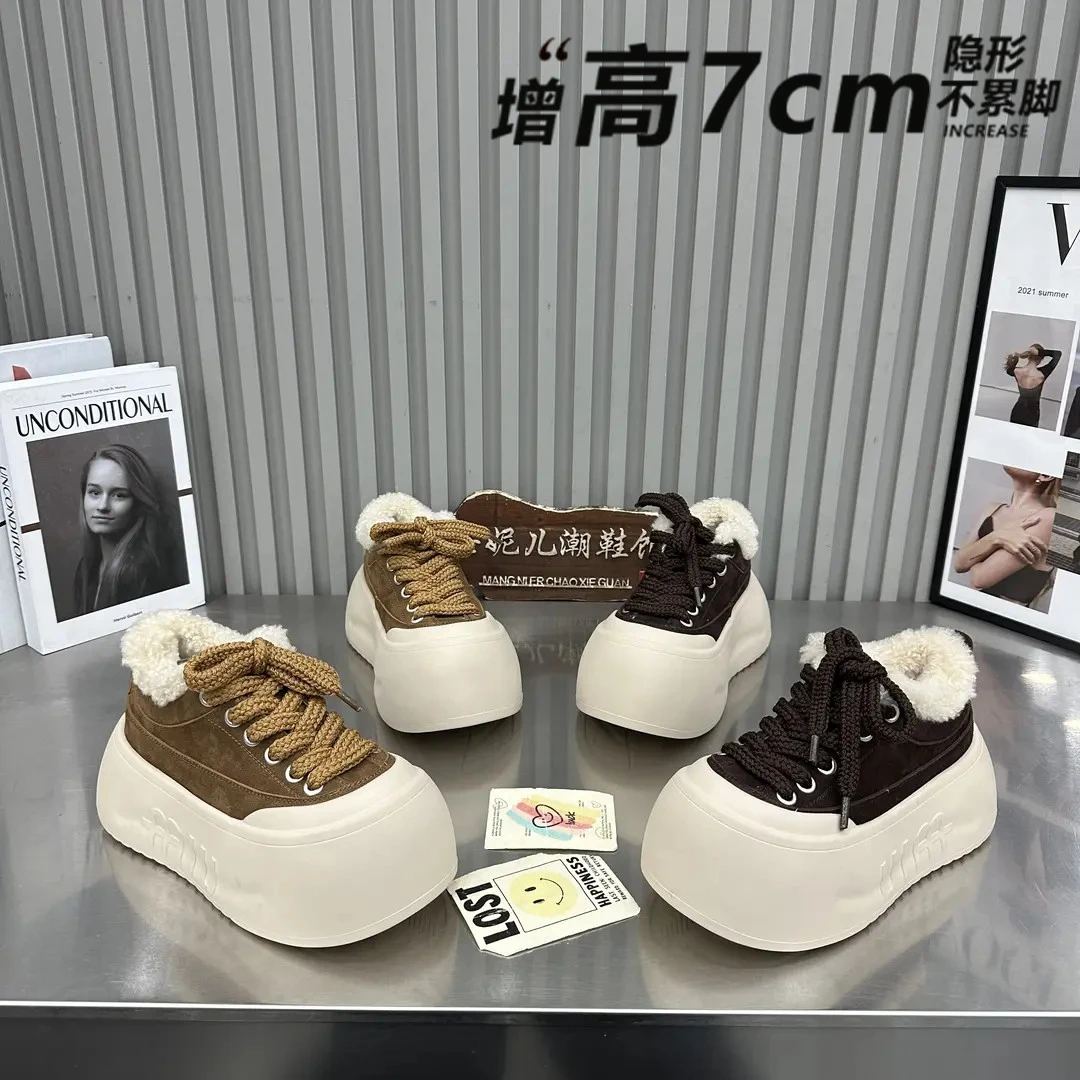 隐形增高7CM娃娃松糕厚底鞋女鞋2025冬季加绒大休闲面包鞋板鞋