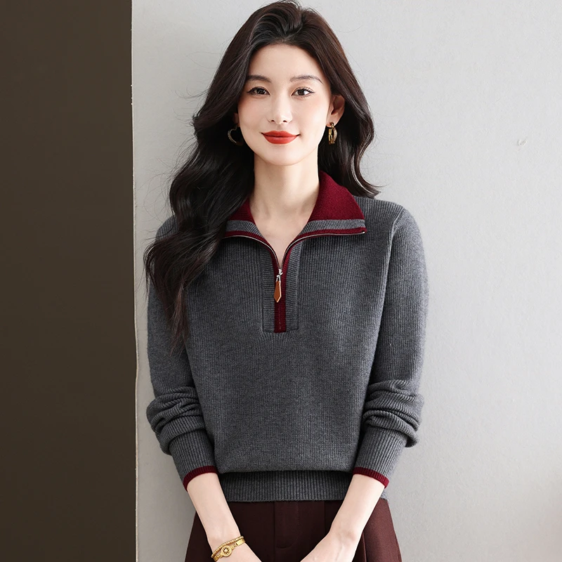 冬季新款半拉链翻领针织毛衣女加厚内搭上衣宽松打底毛衣