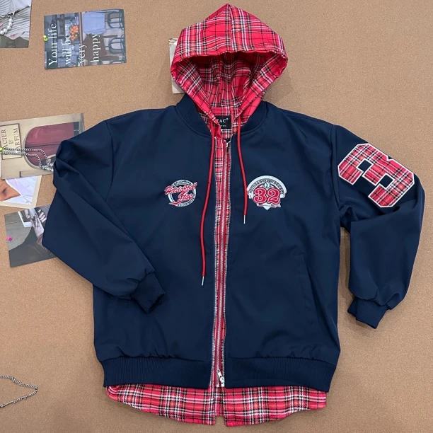 【慌慌】2025春季新款美式复古格子拼接假两件连帽休闲夹克外套688