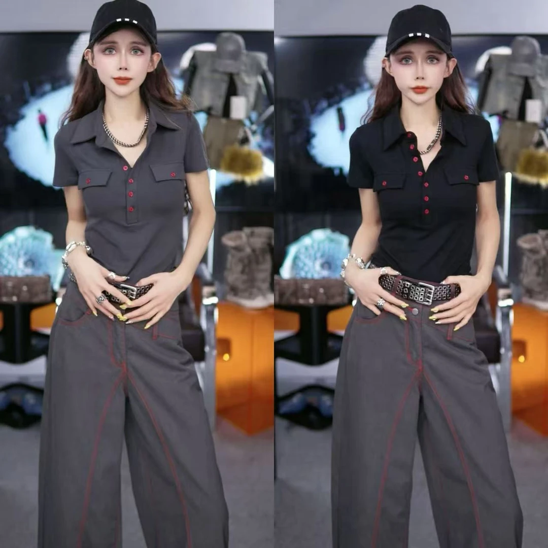 星宝定制红色纽扣POLO领短袖T恤2025新款显瘦正肩上衣1231