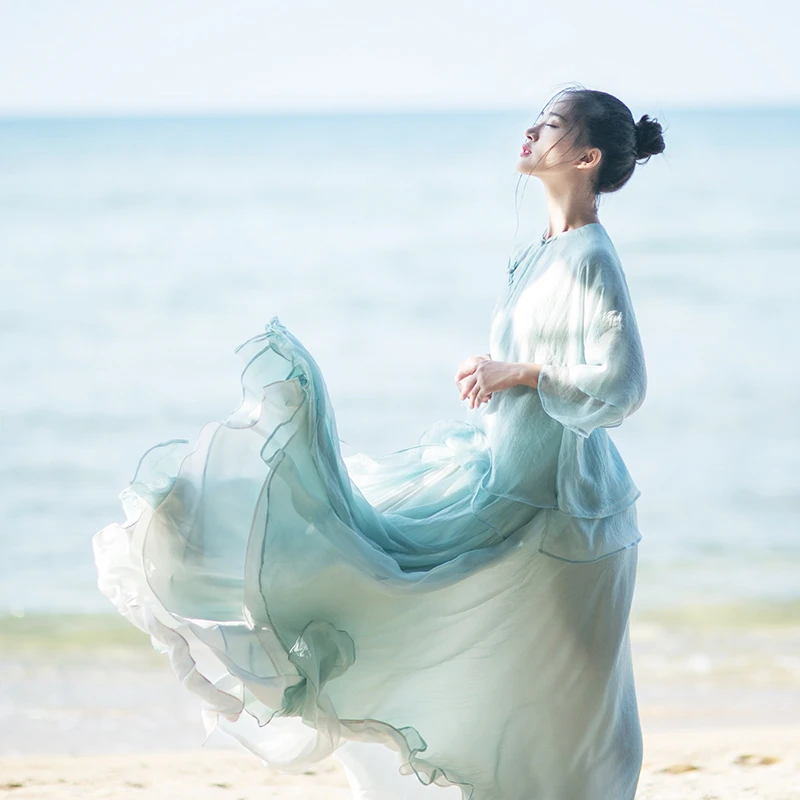 【现货】04玉石盘扣雪纺衫女春夏2025新款松紧腰半身裙中式茶服套装
