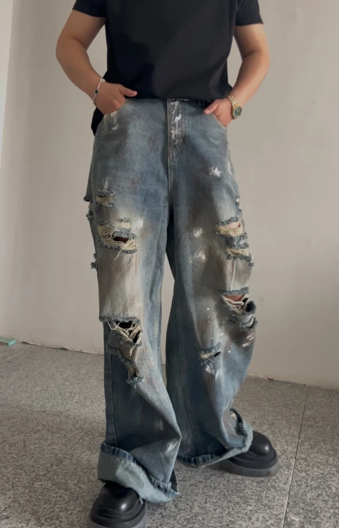 无性别情侣水洗长裤男破洞重磅牛仔裤美式欧美慵懒风港风高街做旧