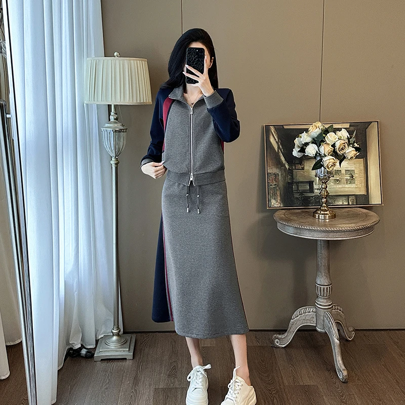 时尚套灰色套裙长袖气质两件套百搭宽松气质春秋休闲显瘦中长款