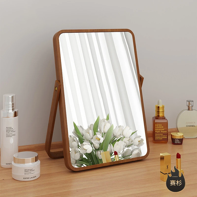 简约实木化妆镜家用桌面大号可折叠梳妆镜办公室小型便携台式镜子