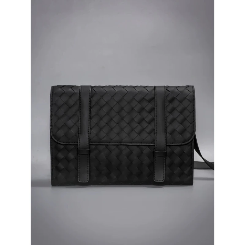 X&BV单肩包男真皮休闲编织男包斜挎包翻盖邮差包商务时尚牛皮背包