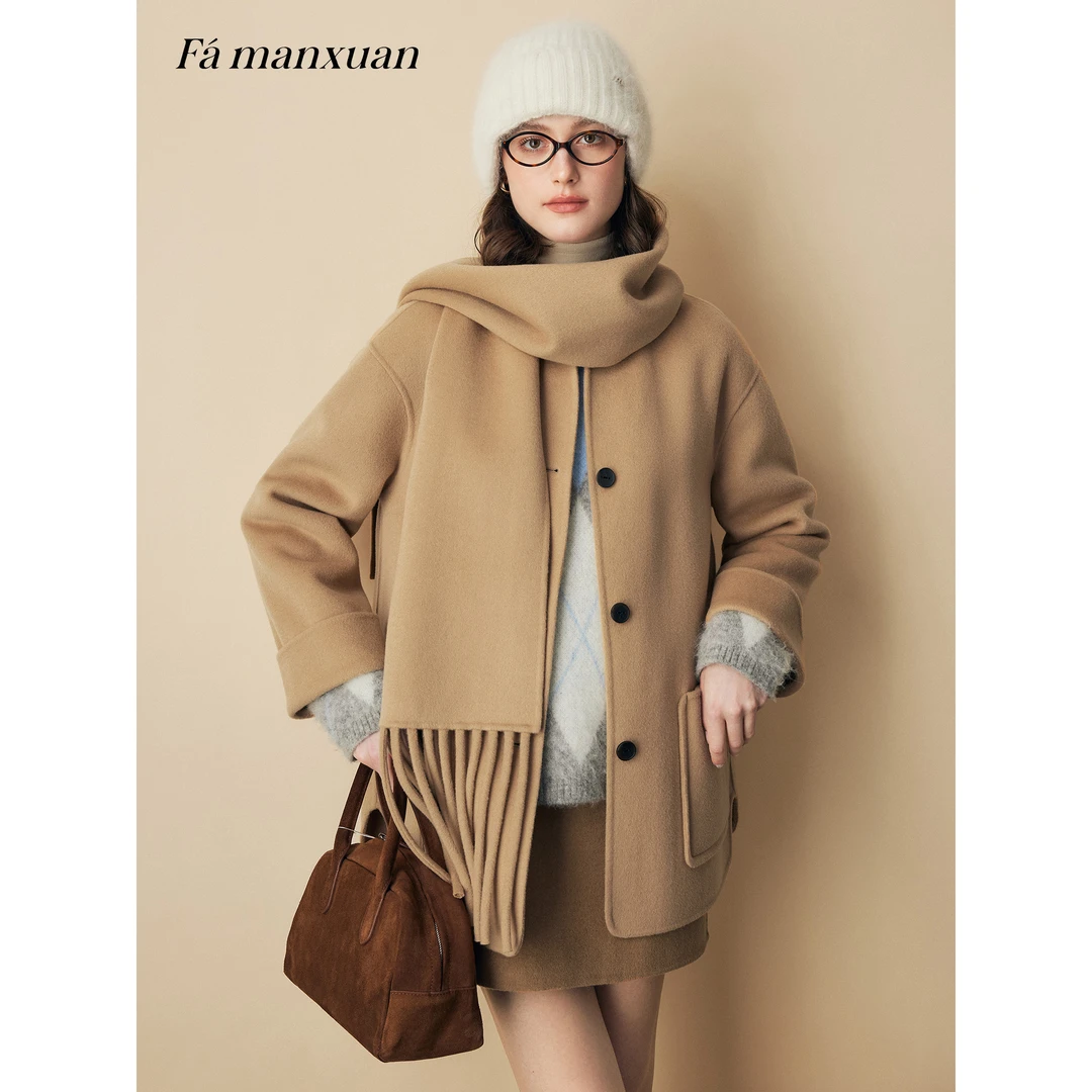 【达人专享】法曼萱流苏围巾绵羊毛双面呢大衣女2025冬毛呢外套