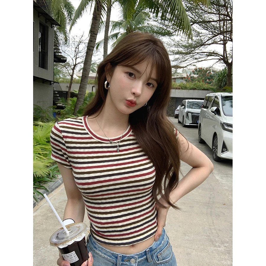 张贝贝 彩虹酥心糖 高弹软棉 韩系彩虹条纹tee