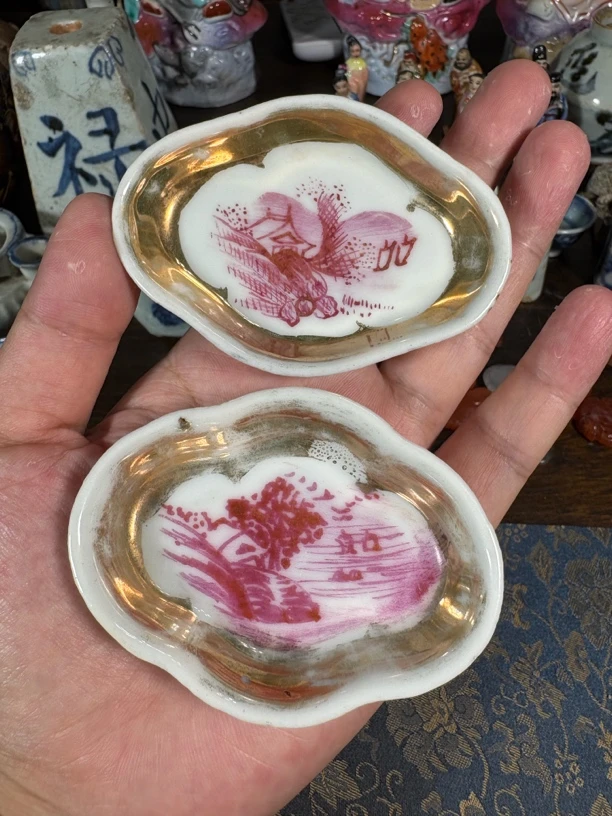 Q晚钒红彩山水风景图碟（一对）全手工绘制