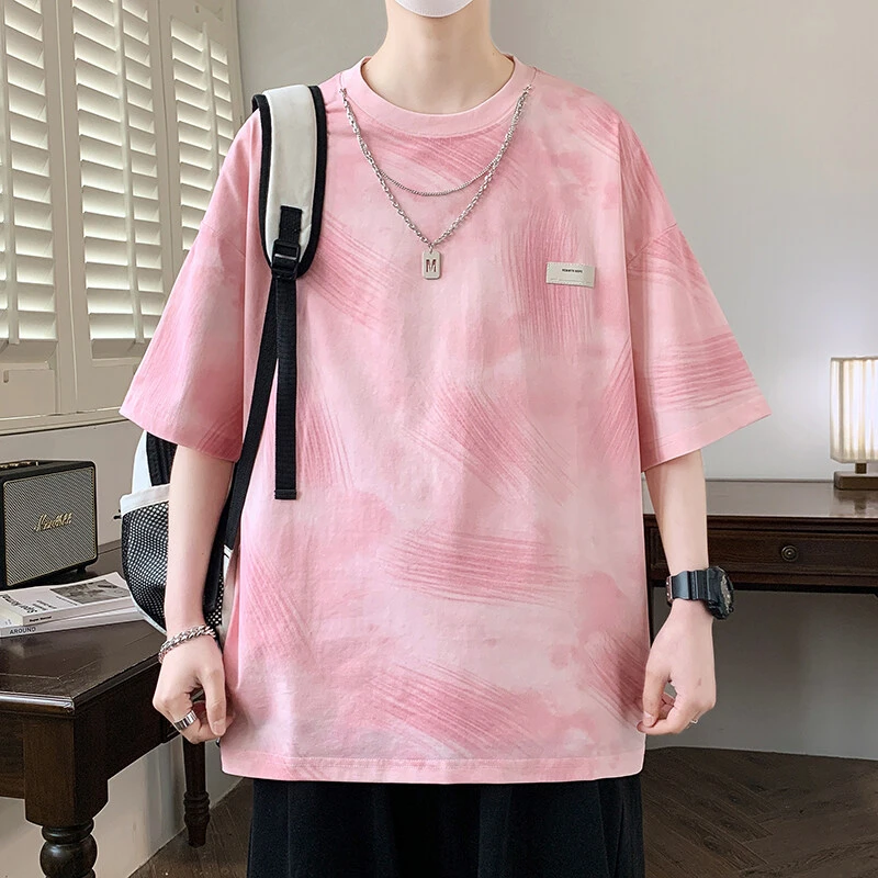 扎染短袖t恤男士夏季美式落肩袖宽松T恤青少年阳光干净帅气男短袖
