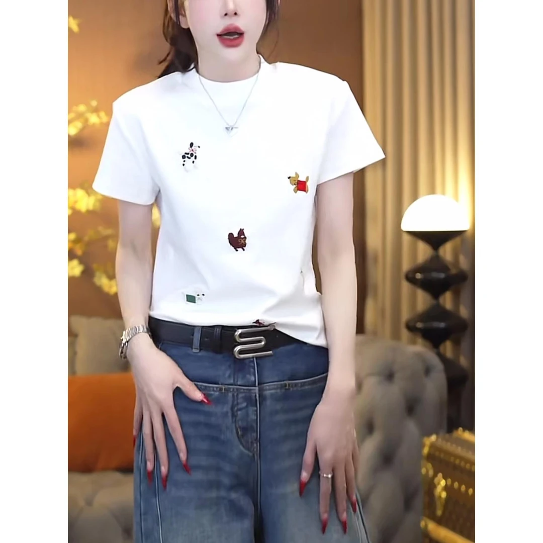 重工卡通刺绣圆领短袖T恤女韩版欧美风新款时尚休闲百搭显瘦上衣T