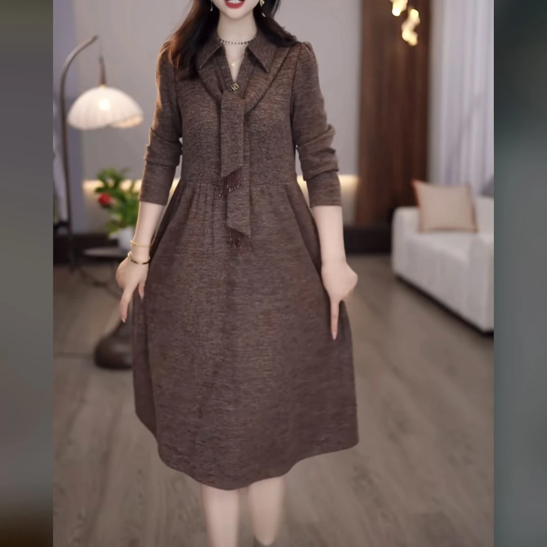 【连衣裙】2025秋款咖色洋气时尚气质打底干练打底女士假两件连衣裙