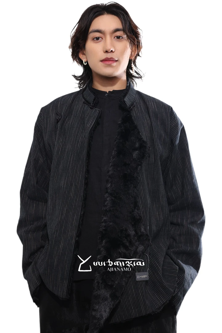 AJ-NAMO原创设计深牛仔色竖条双面穿系列-冬款斜襟外套
