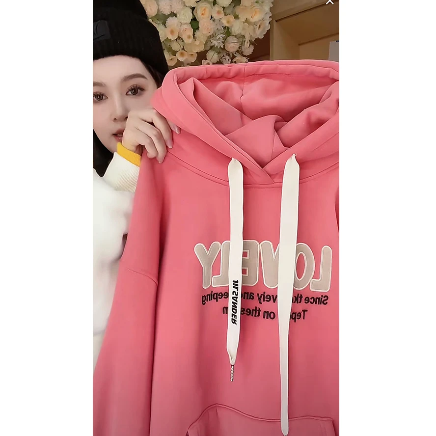 8650-玫瑰2024冬季新款加绒加厚字母重工刺绣宽松显瘦连帽卫衣BJR