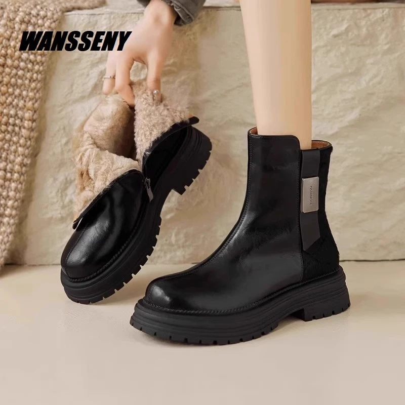 WANSSENY2025年冬保暖棉靴羊毛舒适雪地靴女加绒真皮厚底马丁靴女