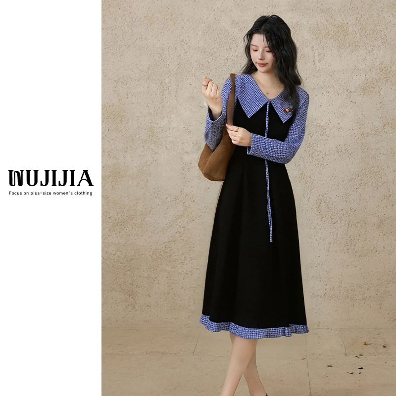 【五季家大码】显瘦秋装黑拼蓝/黑拼咖连衣裙秋冬收腰裙子ZL112311