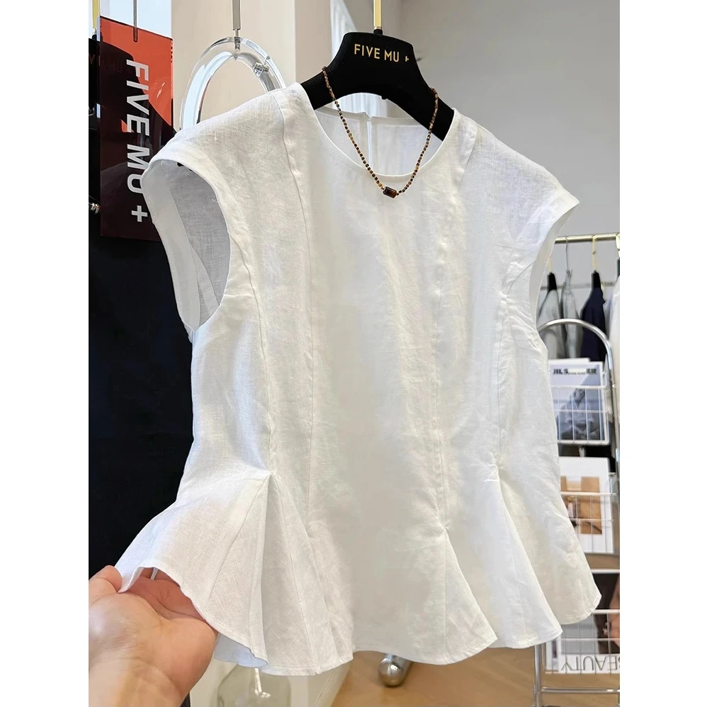 韩系洋气圆领无袖白色小衫女装2025夏季高端亚麻坎肩马甲背心上衣