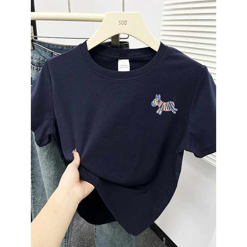 彩色斑马印花内搭圆领短袖T恤女夏季新款正肩胖mm小版显瘦上衣ins