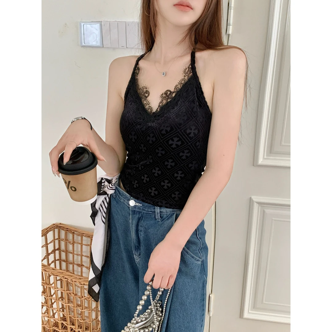 【黑花园十字架】丝绒蕾丝拼接露背挂脖吊带背心带胸垫辣妹气质上衣