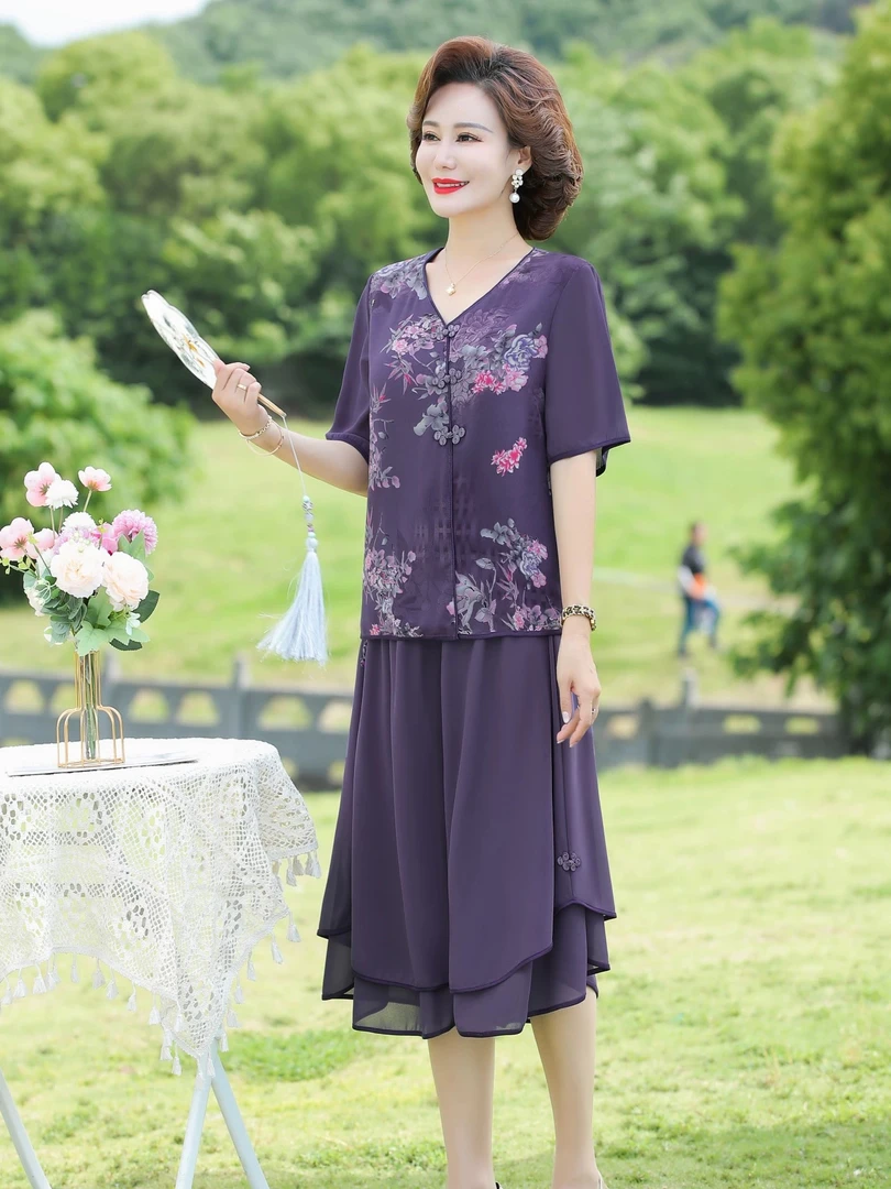 妈妈夏装新款洋气套装中老年女装夏季短袖改良旗袍裙裤两件套