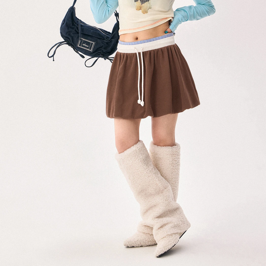 C002【马琦尧专属】CHUU春季女装撞色松紧抽绳花苞裙甜美短半身裙-Y