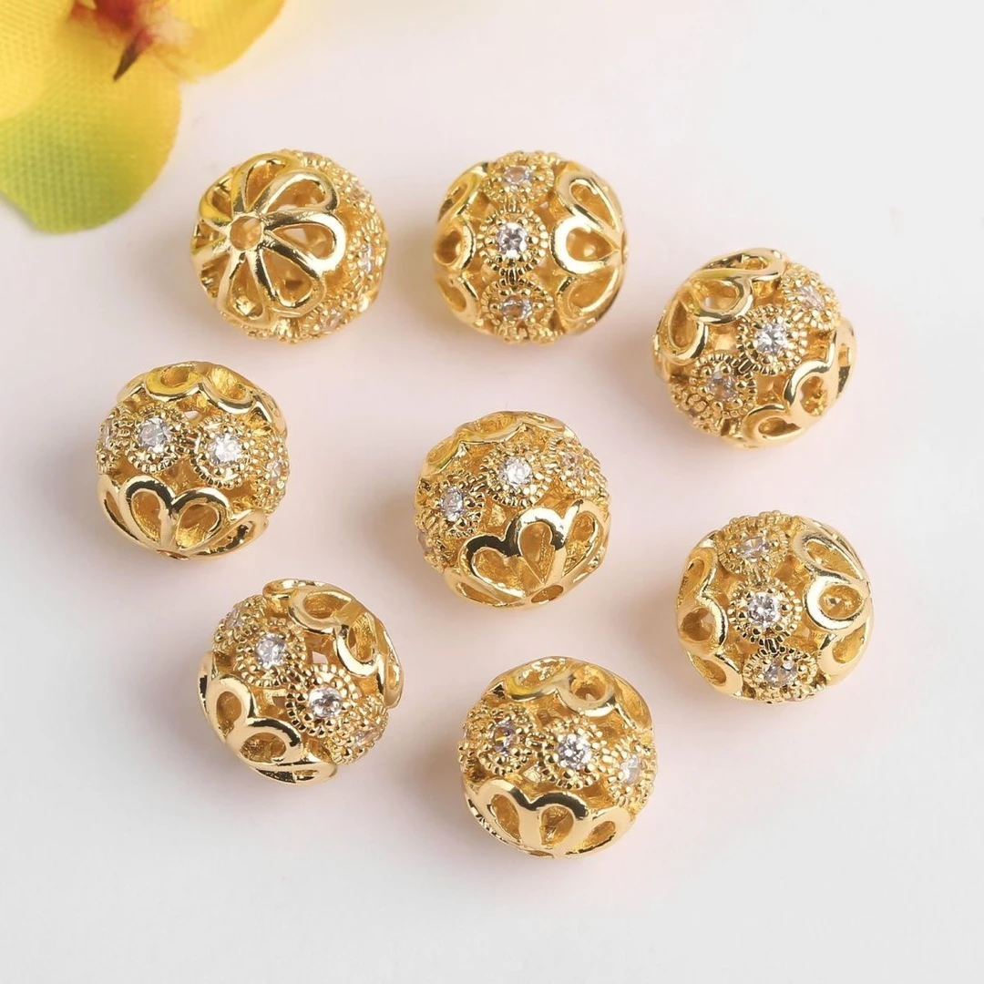 高保色黄铜镀真金珠子diy配件镶锆石镂空球 手链项链串珠隔珠散珠