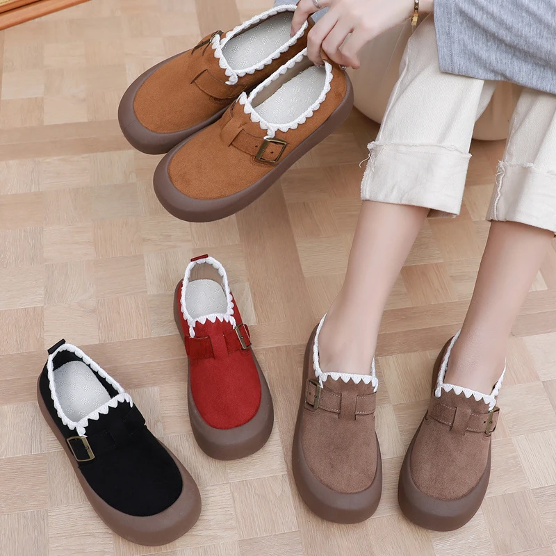 新款复古厚底勃肯鞋2025秋季时尚百搭女士休闲鞋一脚蹬花边乐福鞋