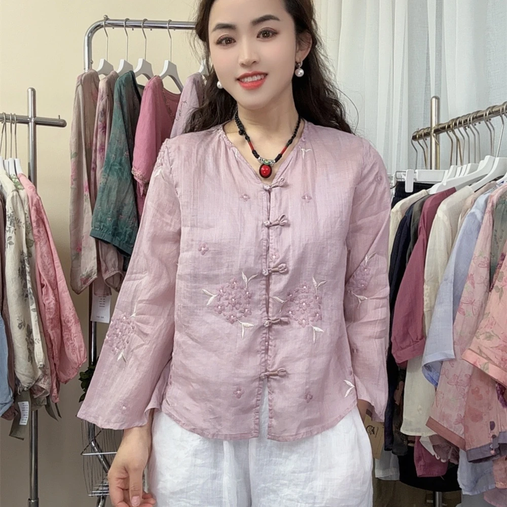 8032复古苎麻衬衫女2025春夏新款薄款显瘦新中式重工刺绣小衫上衣