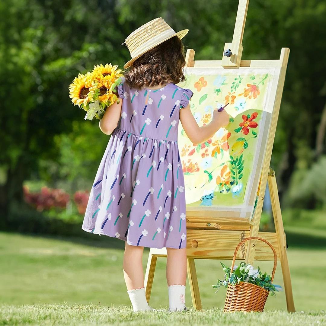 MQDMINI25年夏季新款女童背心裙中小童甜美洋气满印飞袖裙连衣裙