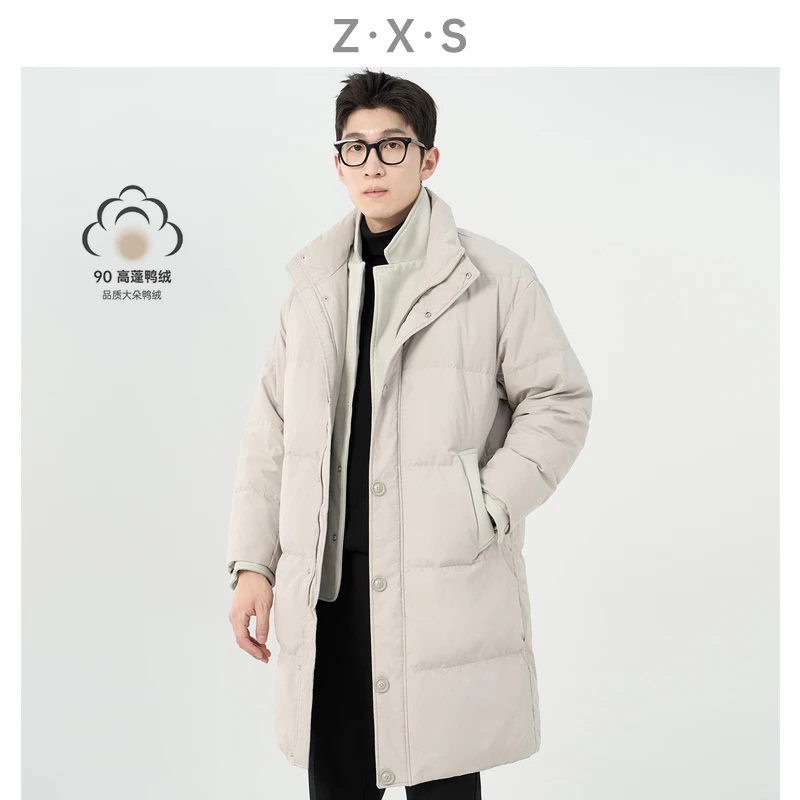 ZG定制（冬季 羽绒服）双领拼接加厚设计中长款保暖白鸭绒羽绒服