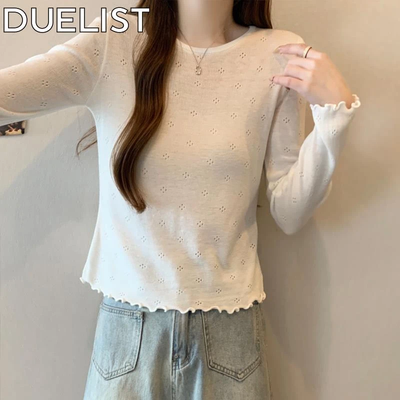 DUELIST白色简约镂空设计感针织衫女木耳边修身百搭圆领绝美上衣