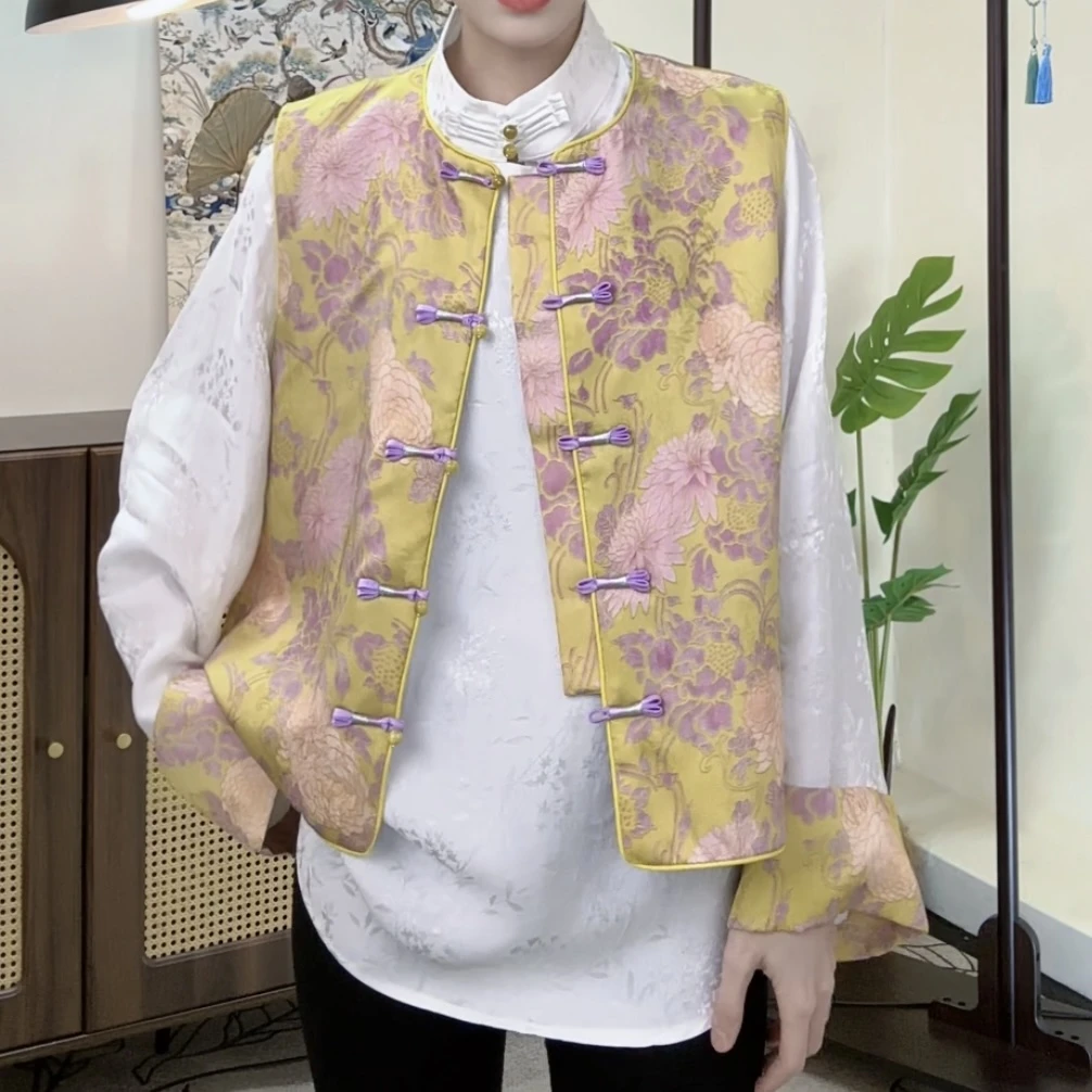 [z001]春款新中式人丝提花落肩高级感内搭马甲气质两件套